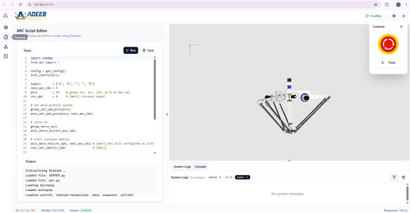 Adeeb web UI with the Python script editor and a 3D delta robot simulation